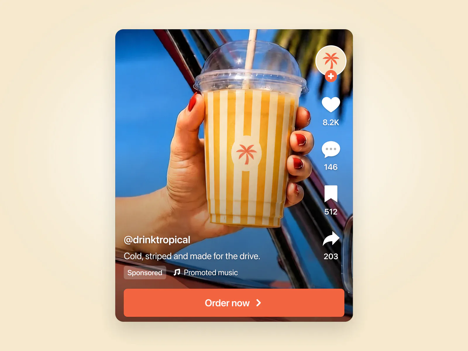 A vertical TikTok ad: a striped cup held out of a car window, Order now underneath.