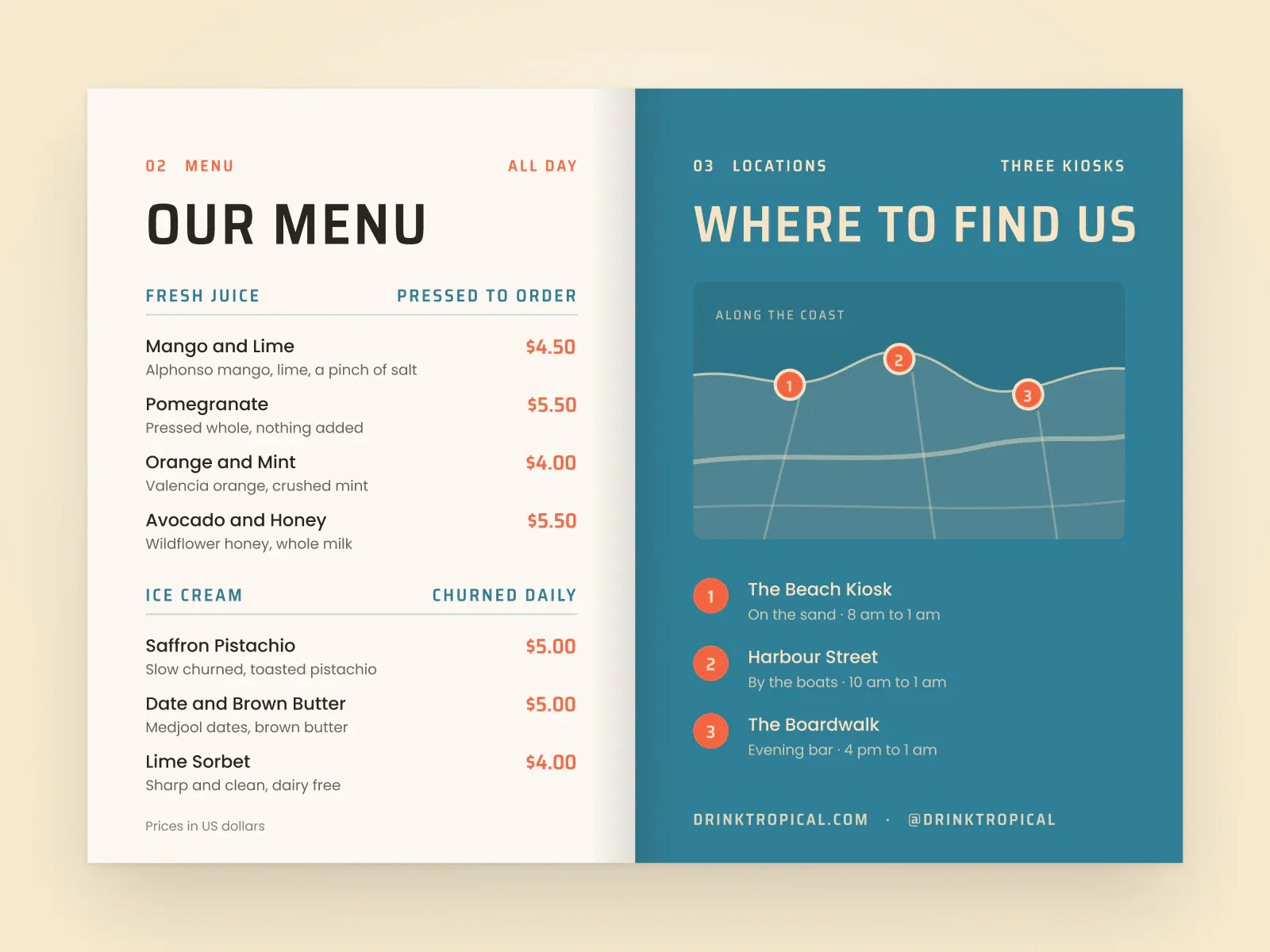 A printed menu spread: the juices and ice creams on cream, three kiosks on a teal map.