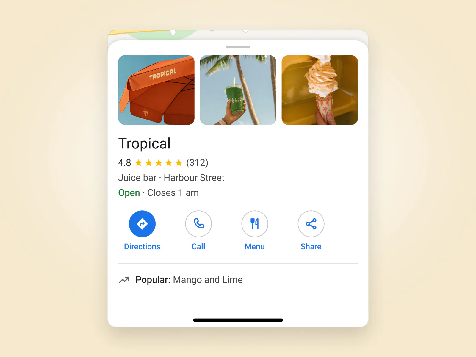 A maps listing for Tropical on a phone: photos, rating, opening hours and directions.