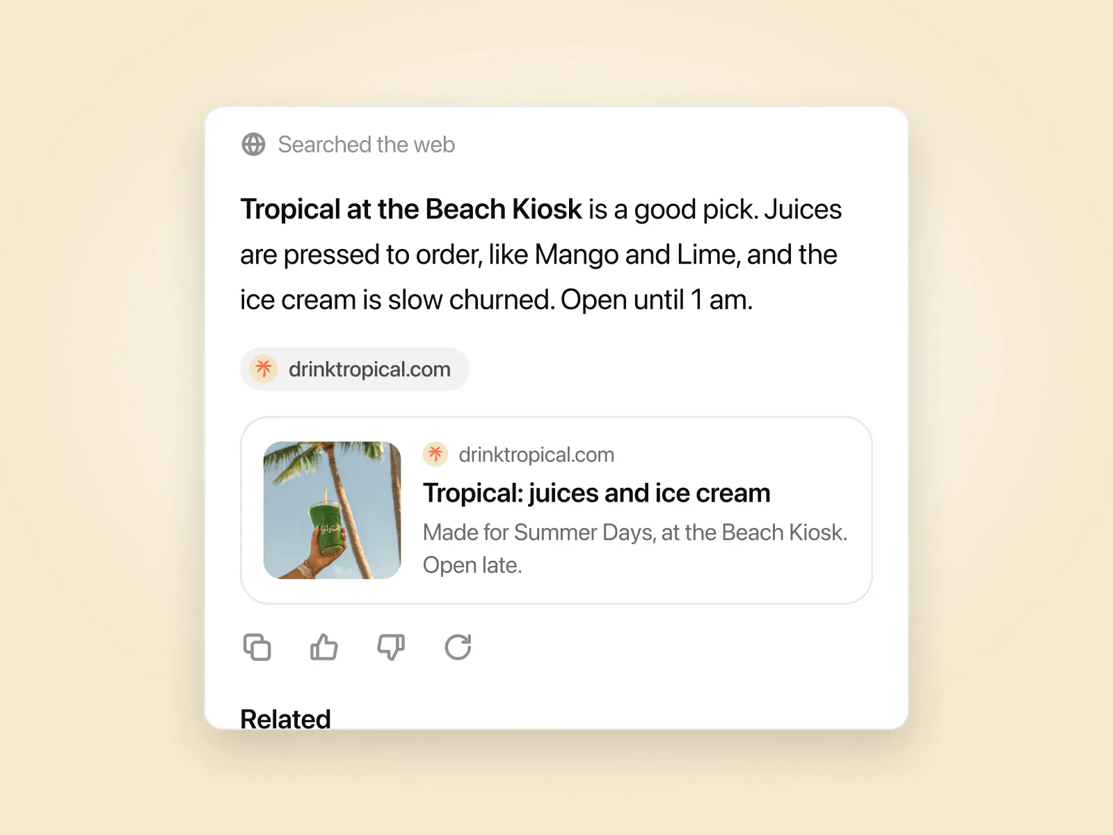 An AI search answer recommending Tropical at the Beach Kiosk, with a link to the site.