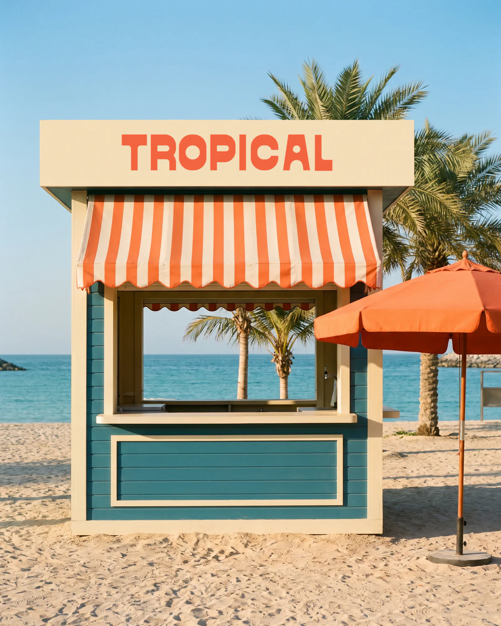 A generated concept image: a teal beach kiosk under a striped awning with the Latin wordmark, a coral umbrella beside it.