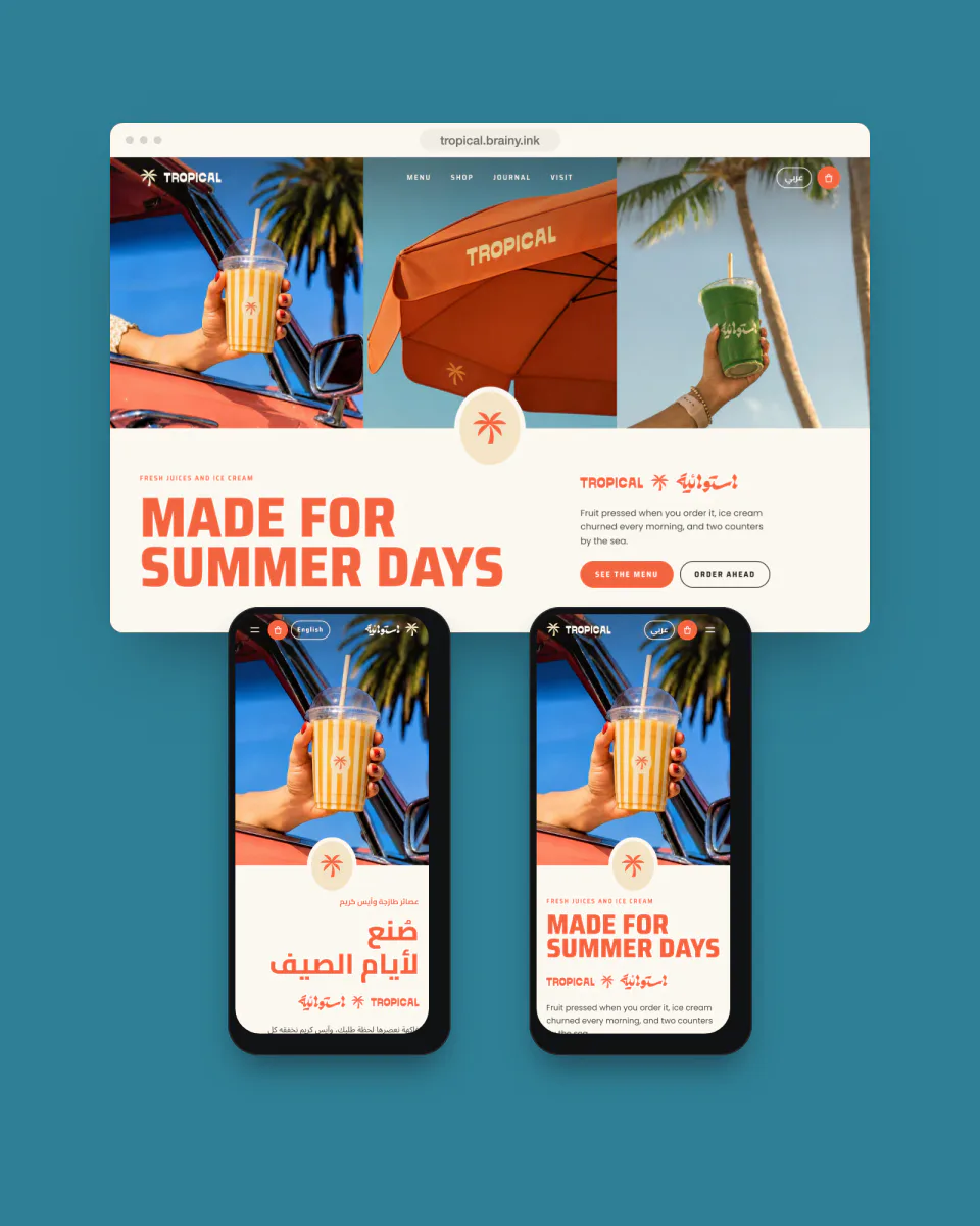 The Tropical concept site in a browser window above two phones, one in Arabic and one in English, on a teal ground.