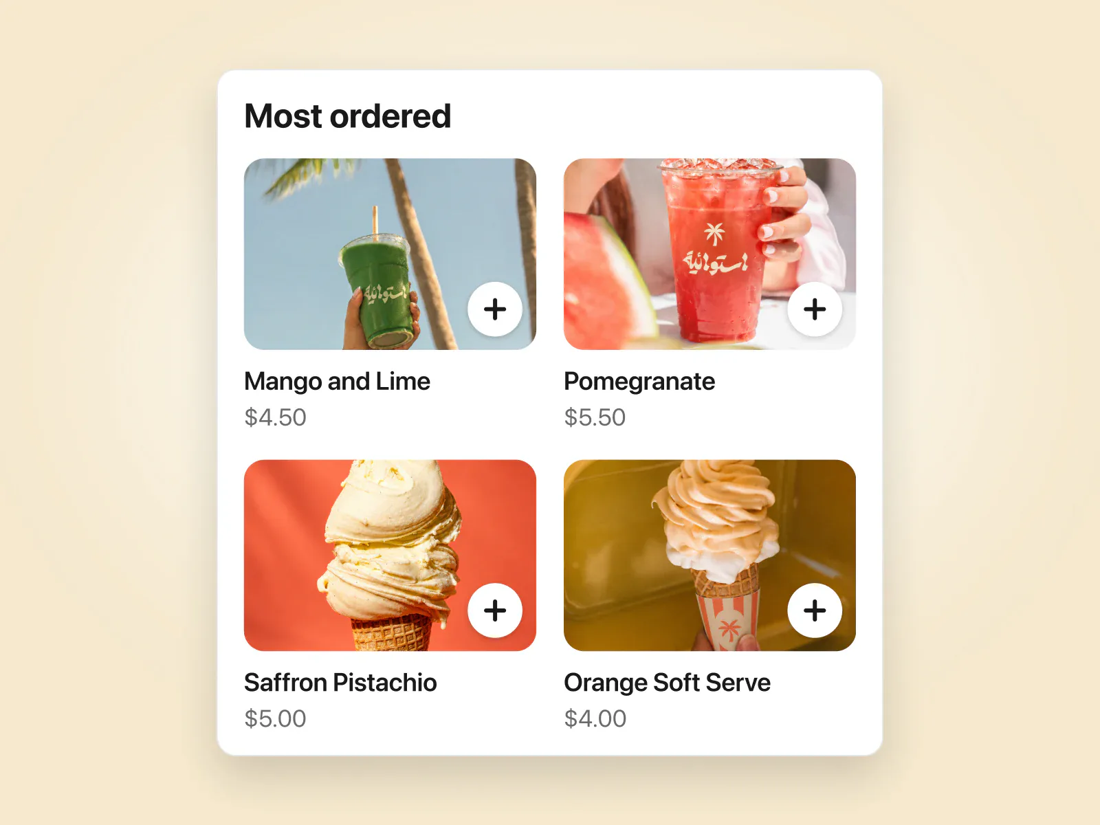 A delivery app menu: mango and lime, pomegranate, saffron pistachio and orange soft serve.