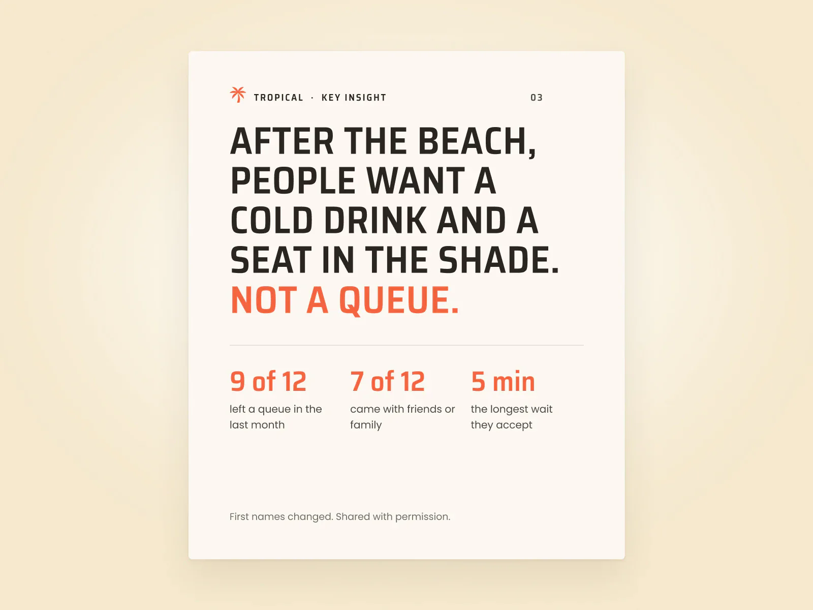 A research insight page: after the beach, people want a cold drink and a seat in the shade, not a queue.