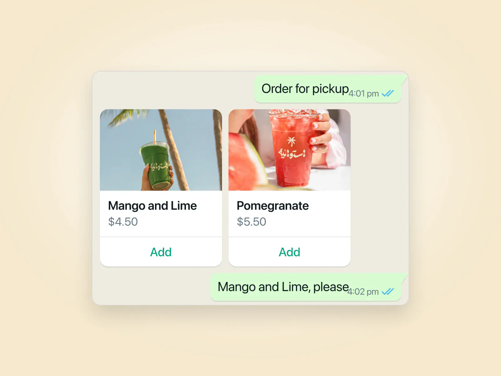 A chat ordering a mango and lime for pickup from two product cards.
