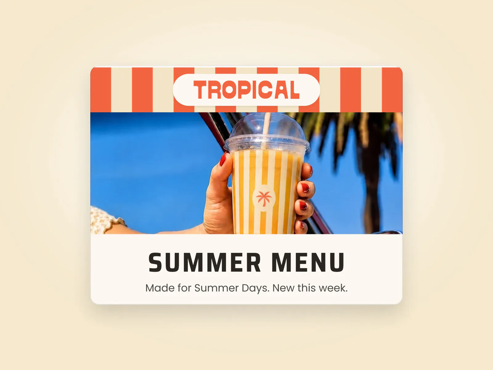A summer menu email with a striped awning header and the Latin wordmark.