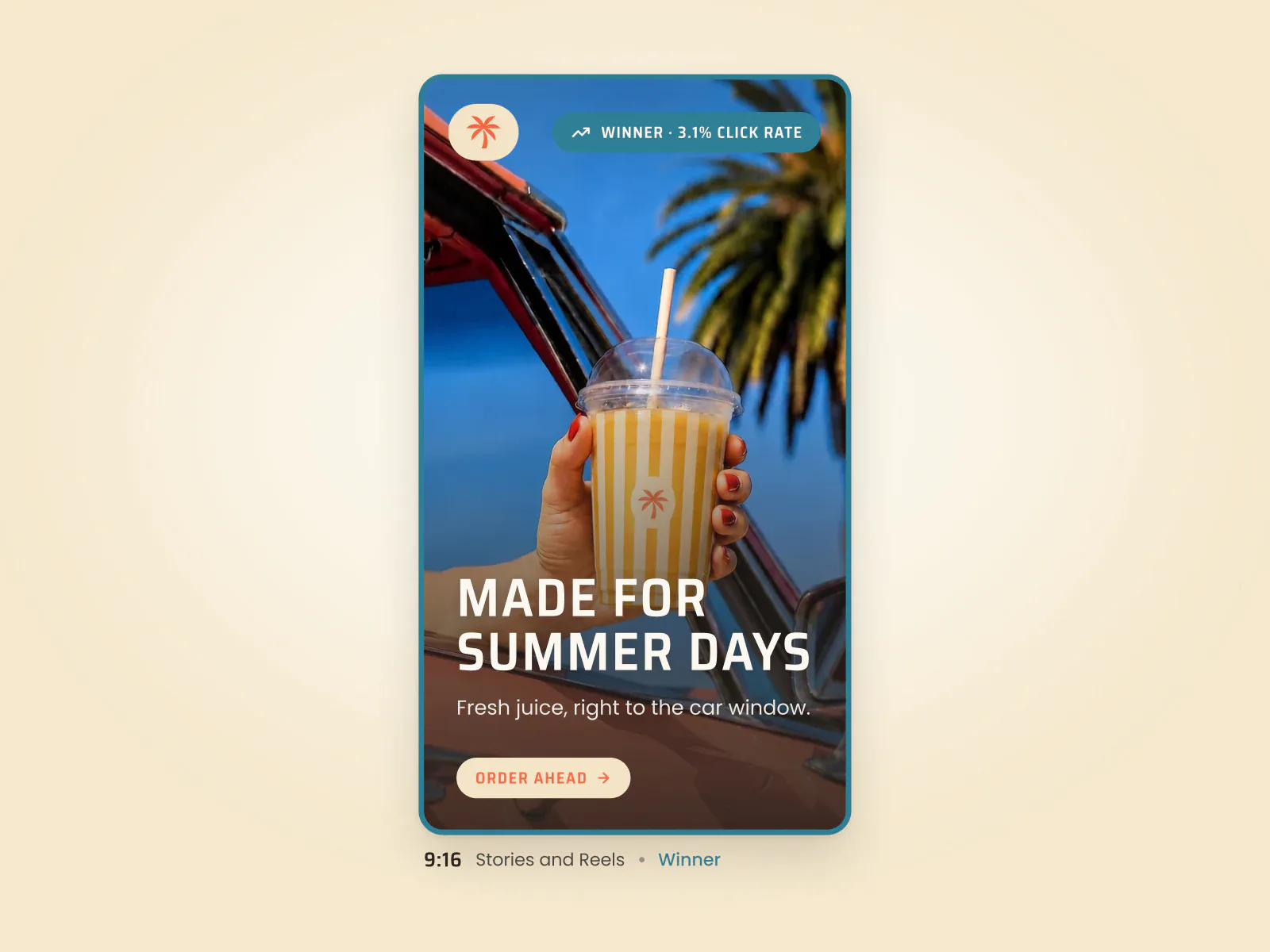 A vertical ad marked as the winning variant: Made for Summer Days over a striped cup.