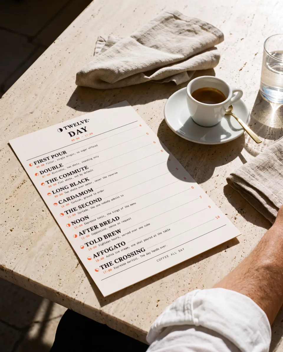 The TWELVE day menu lying on a travertine cafe table beside an espresso, a hand resting at the edge of the frame