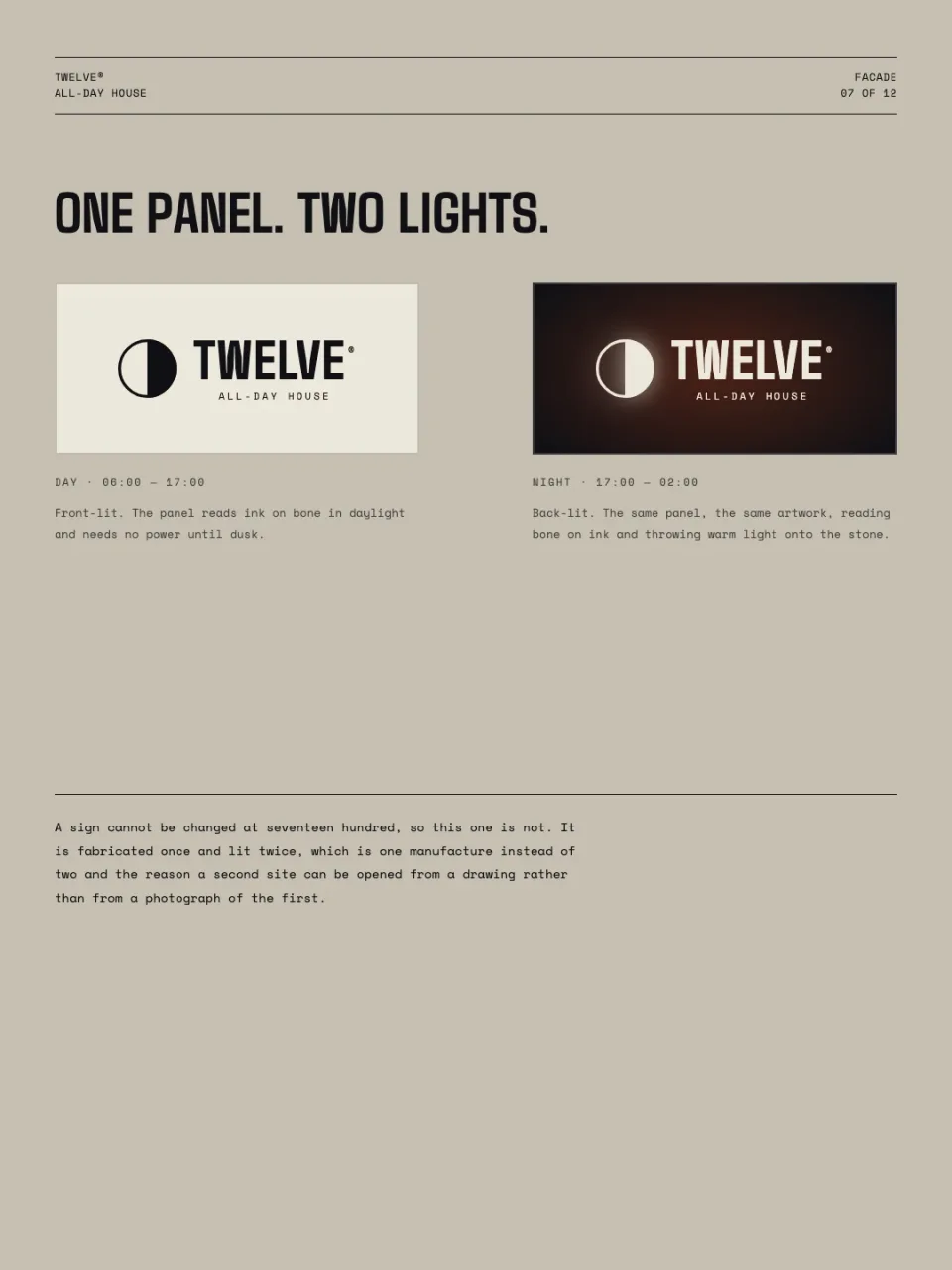 A facade study showing the same sign panel twice, bone by day and reversed to ink by night