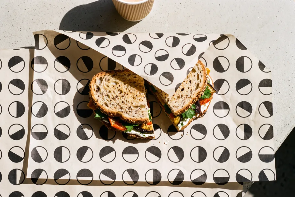 A sandwich on a sheet of TWELVE wrapping paper, the mark tiled in black on bone, shot from overhead in hard midday sun