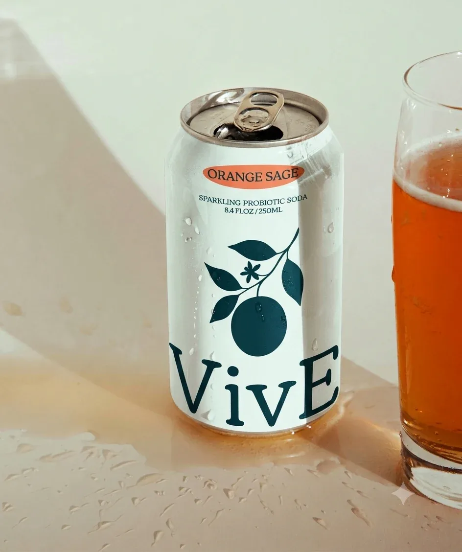 An opened VivE Orange Sage can beside a tall glass of the soda on a sunlit beige table