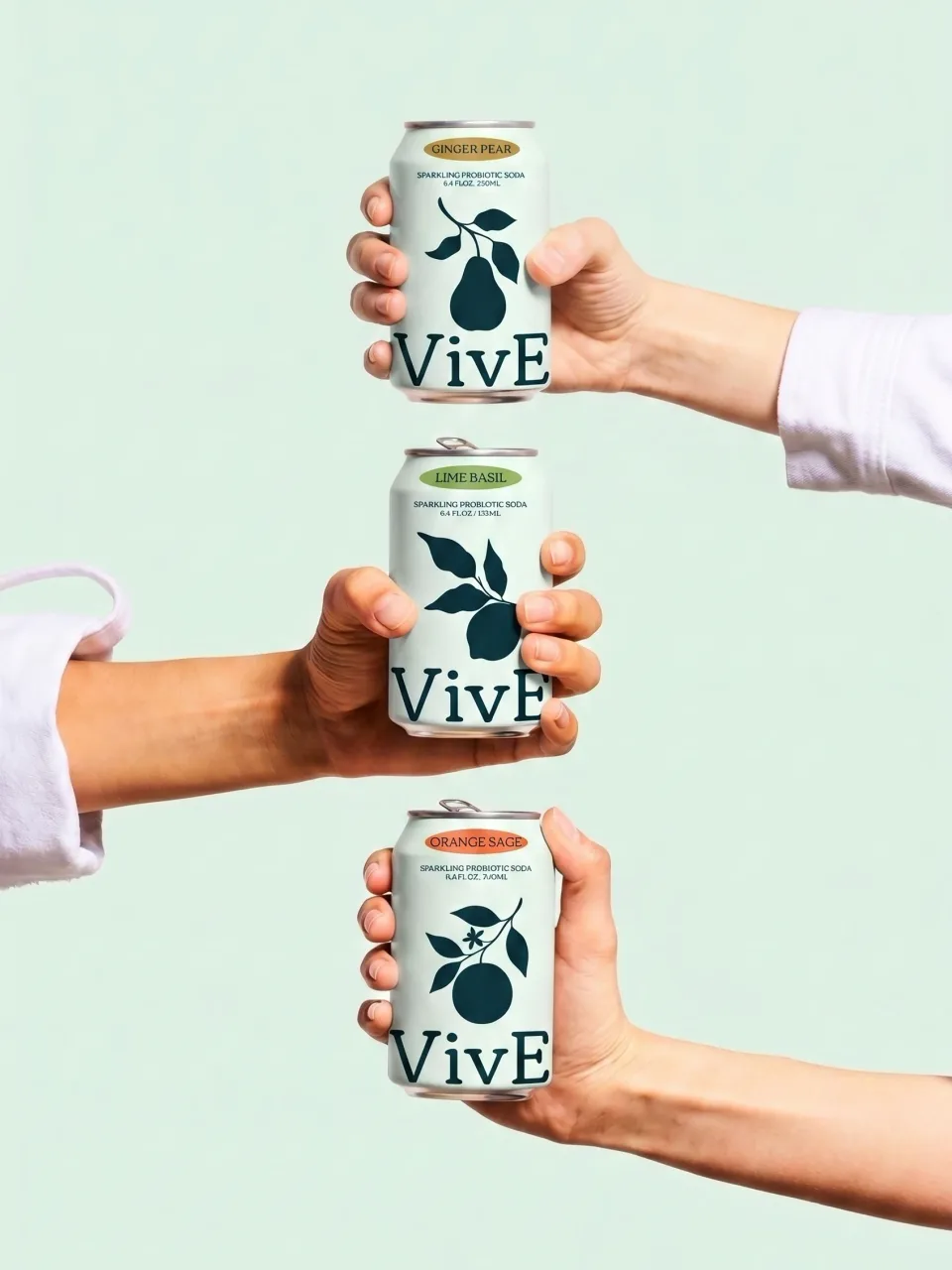 Three hands holding the three VivE cans, Ginger Pear, Lime Basil and Orange Sage, stacked down a mint ground
