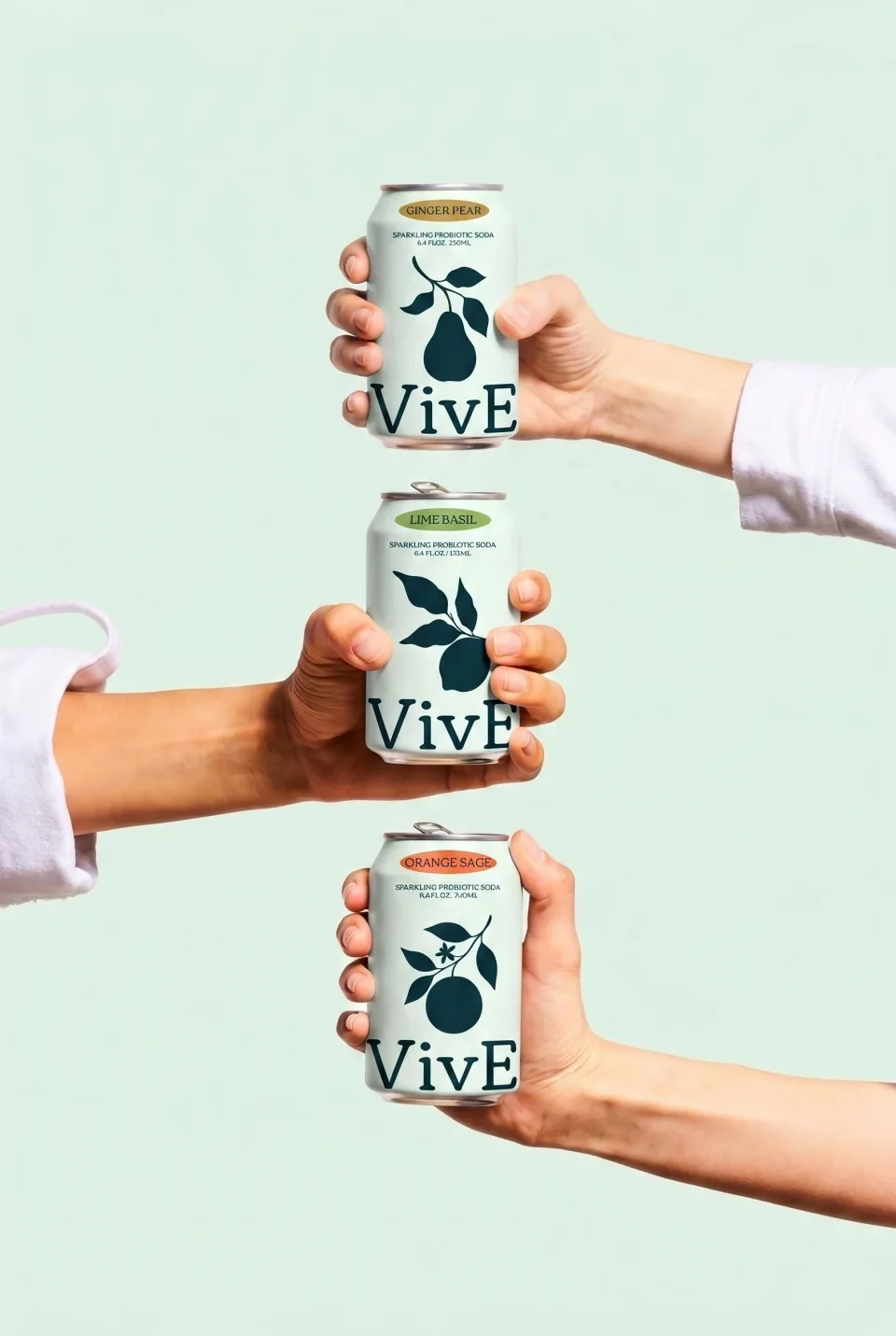 Three hands holding three VivE cans stacked down a mint ground: Ginger Pear at the top, Lime Basil, then Orange Sage