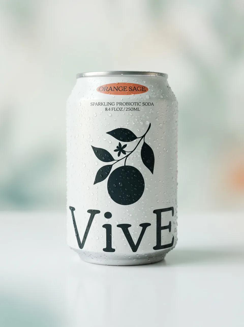 A close crop of a cold VivE Orange Sage can covered in condensation, the orange silhouette and the pill sharp on bone