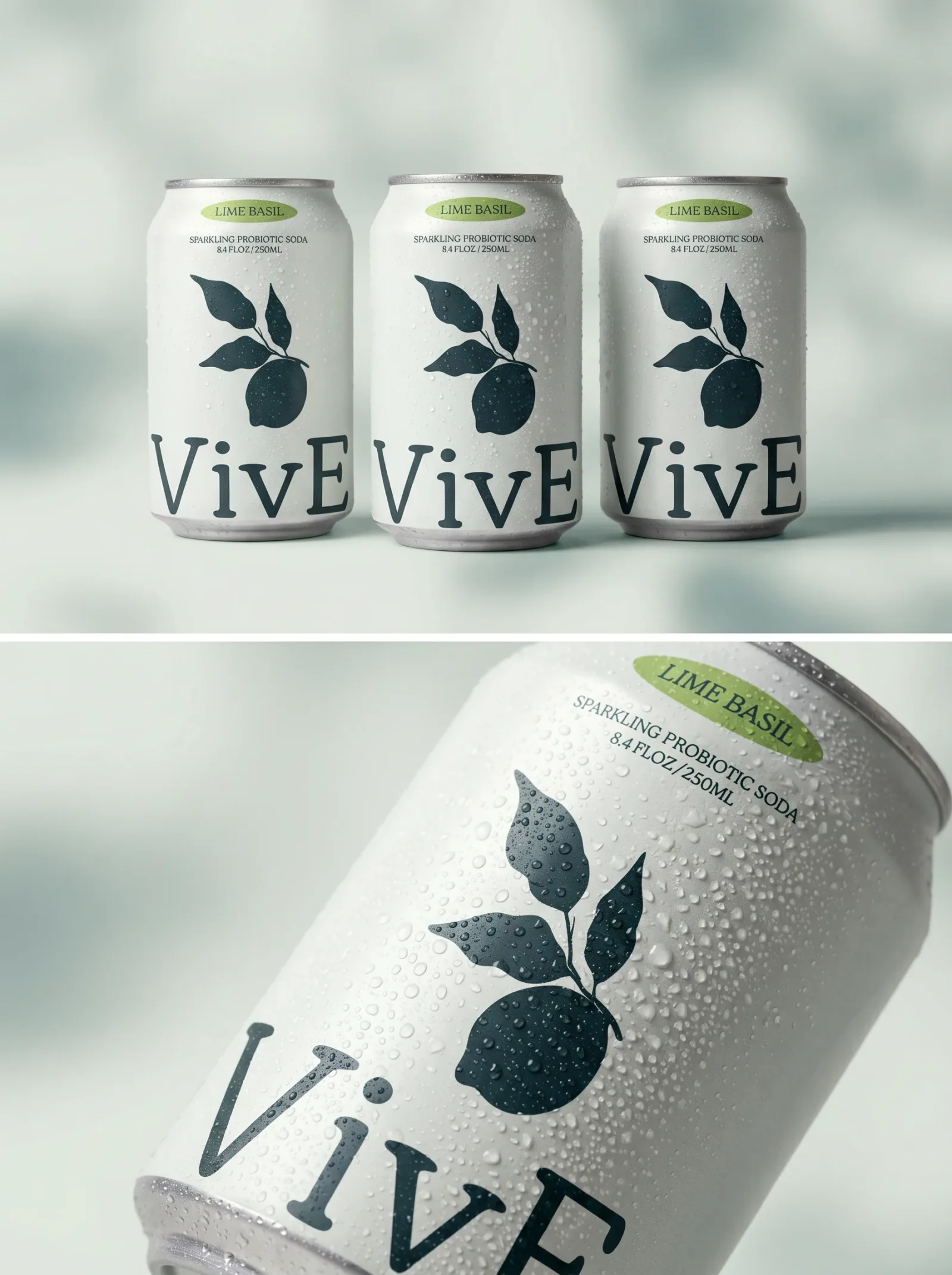 A close crop of a cold VivE Lime Basil can, the silhouette and the wordmark under beads of condensation