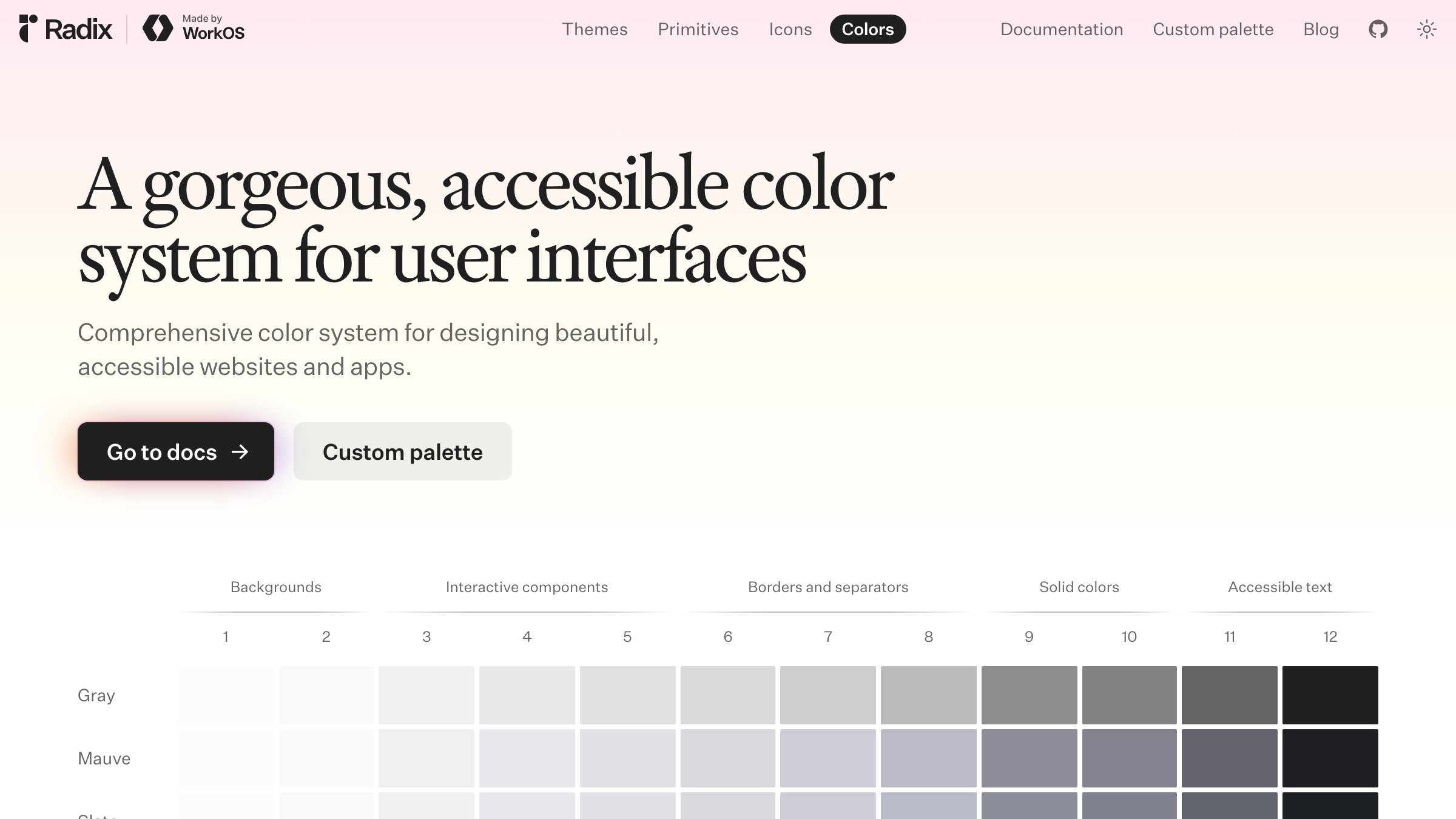 Radix Colors documentation page showing a 12-step color scale with semantic roles for backgrounds, borders, and solid elements
