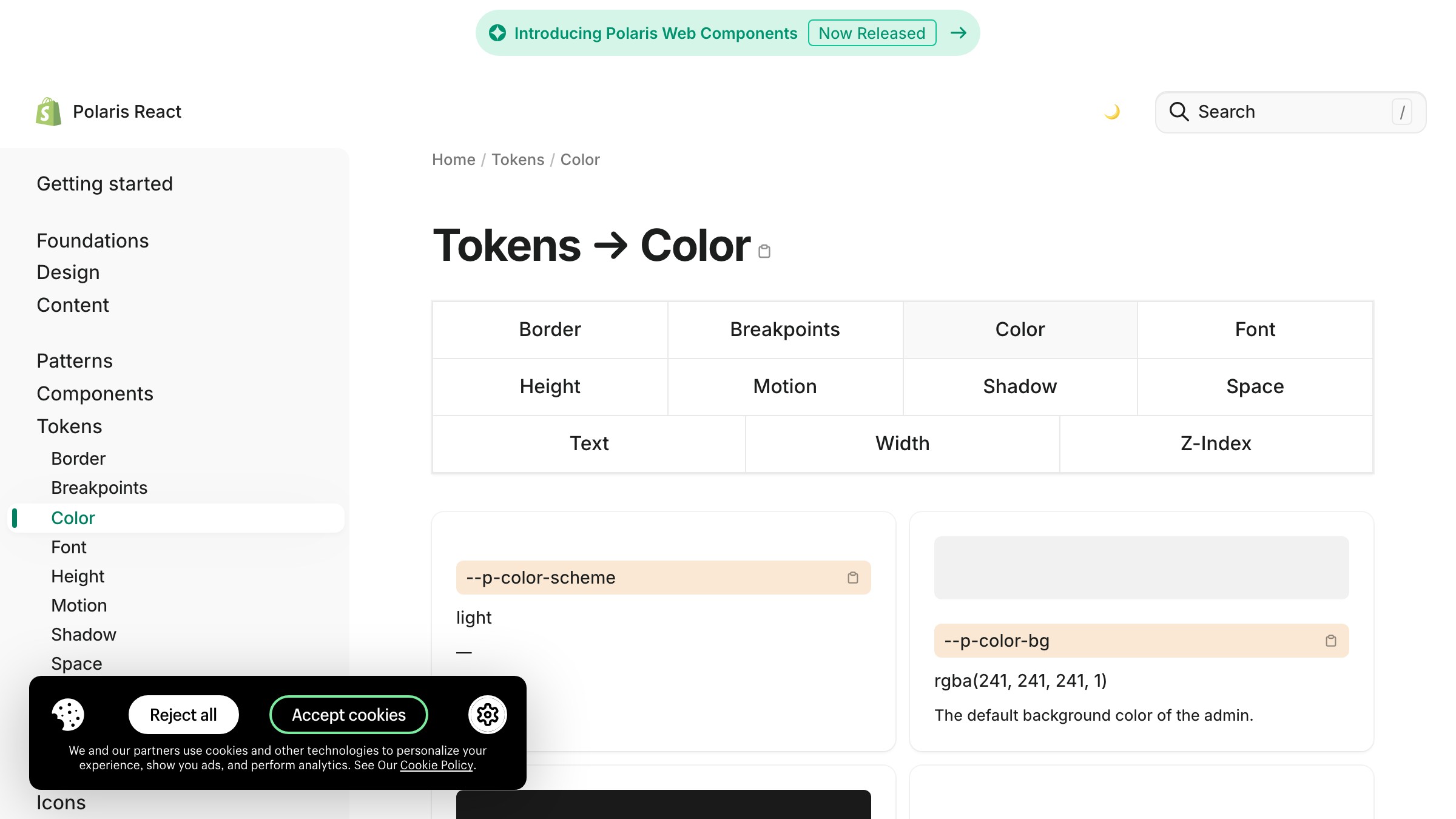 Shopify Polaris color tokens documentation page showing role-based token categories for surface, text, icon, and border