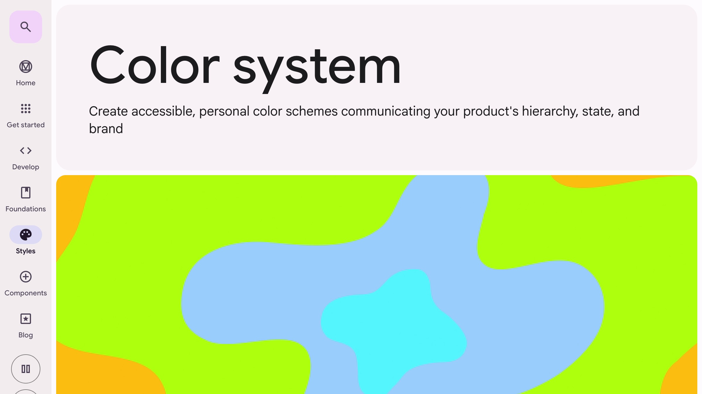 Material Design 3 color system documentation showing role-based tokens split across primary, secondary, tertiary, and surface families