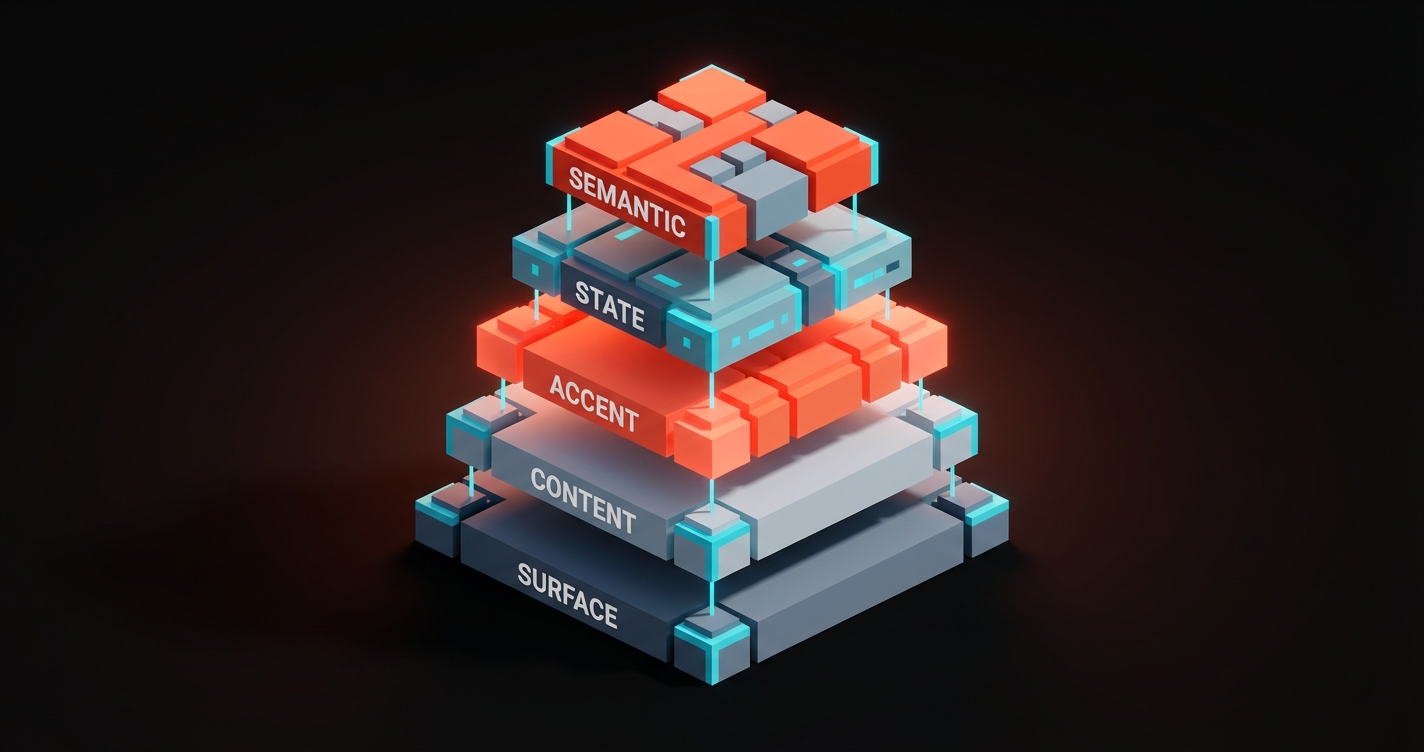 Voxel diagram of a five-tier role-based color system stacked as labeled plates: Surface, Content, Accent, State, Semantic, with voxel swatches in each tier