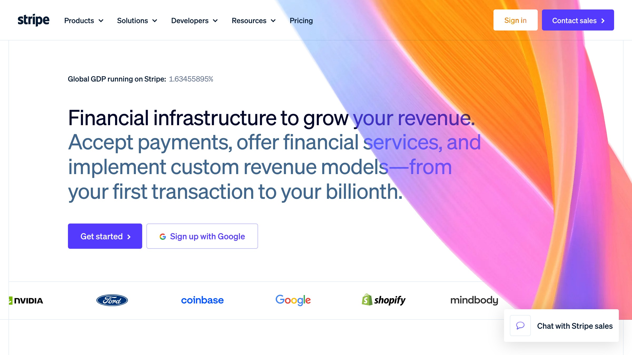 Stripe homepage showing a restrained color system dominated by neutrals with a single purple accent doing clearly defined jobs across hero and feature sections