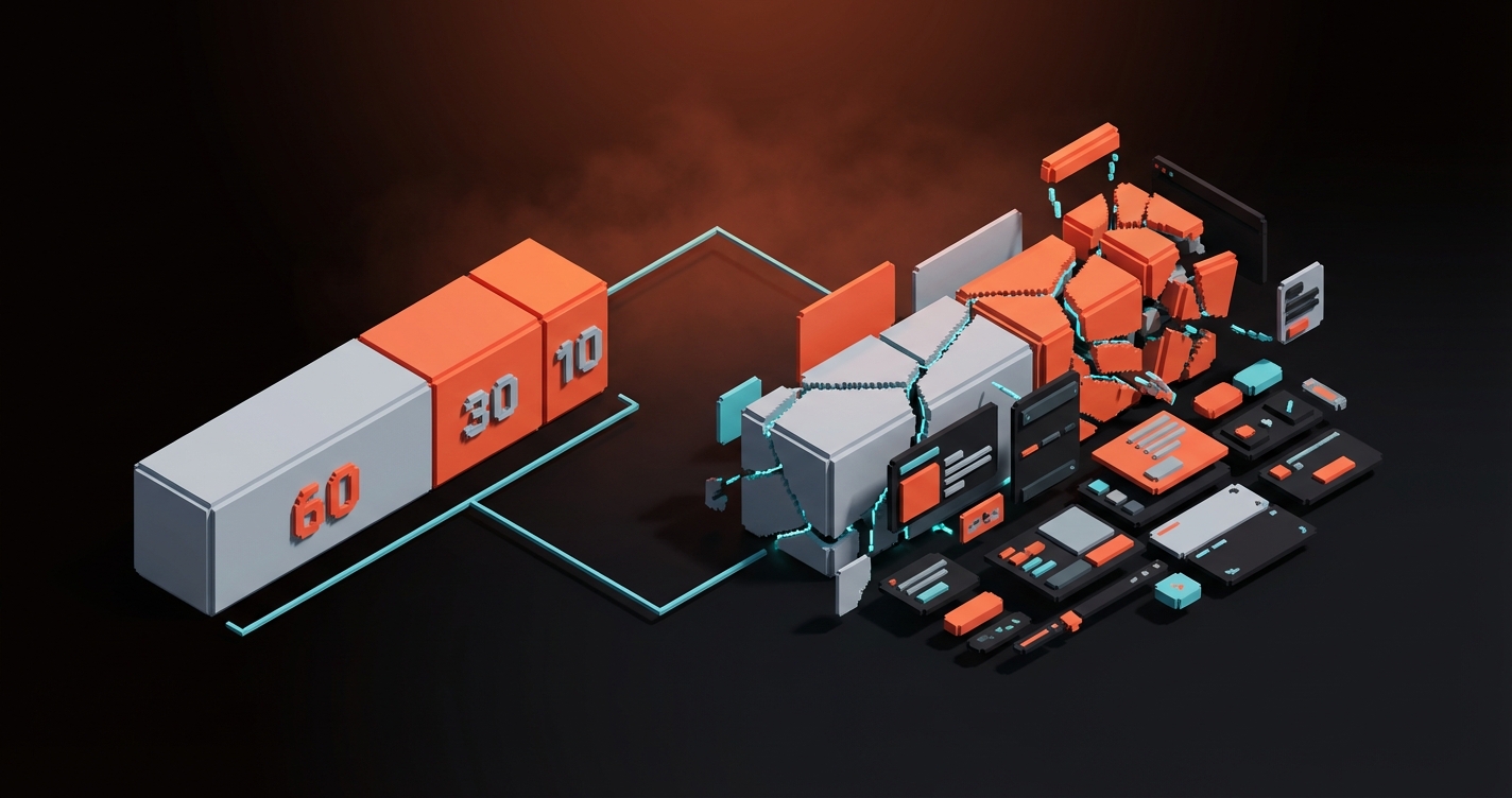Voxel schematic of the 60-30-10 rule visibly cracking as it tries to cover the surfaces of a shipped product interface