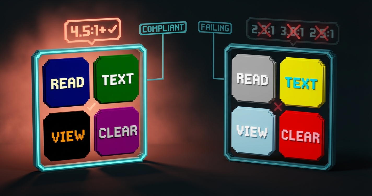 Voxel panel comparing four compliant color pairs with 4.5:1 ratio annotations on the left against four failing pairs on the right, illustrating the difference between accessible and non-accessible contrast