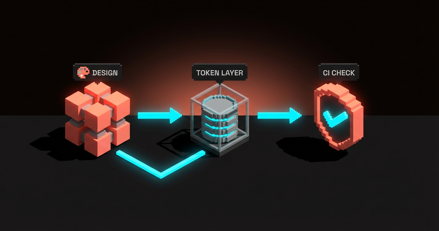 Voxel workflow diagram showing three connected stations labeled DESIGN, TOKEN LAYER, CI CHECK, with arrows and small voxel icons representing a palette, tokens, and a checkmark