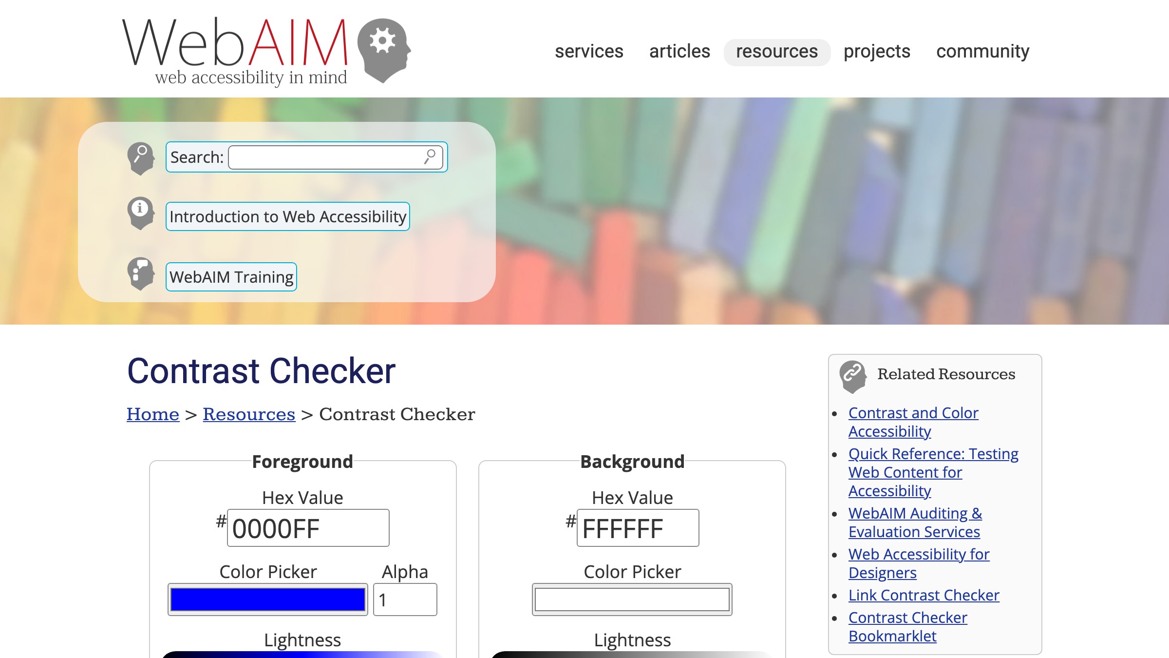 WebAIM contrast checker interface showing foreground and background color inputs with pass and fail indicators for WCAG AA and AAA levels