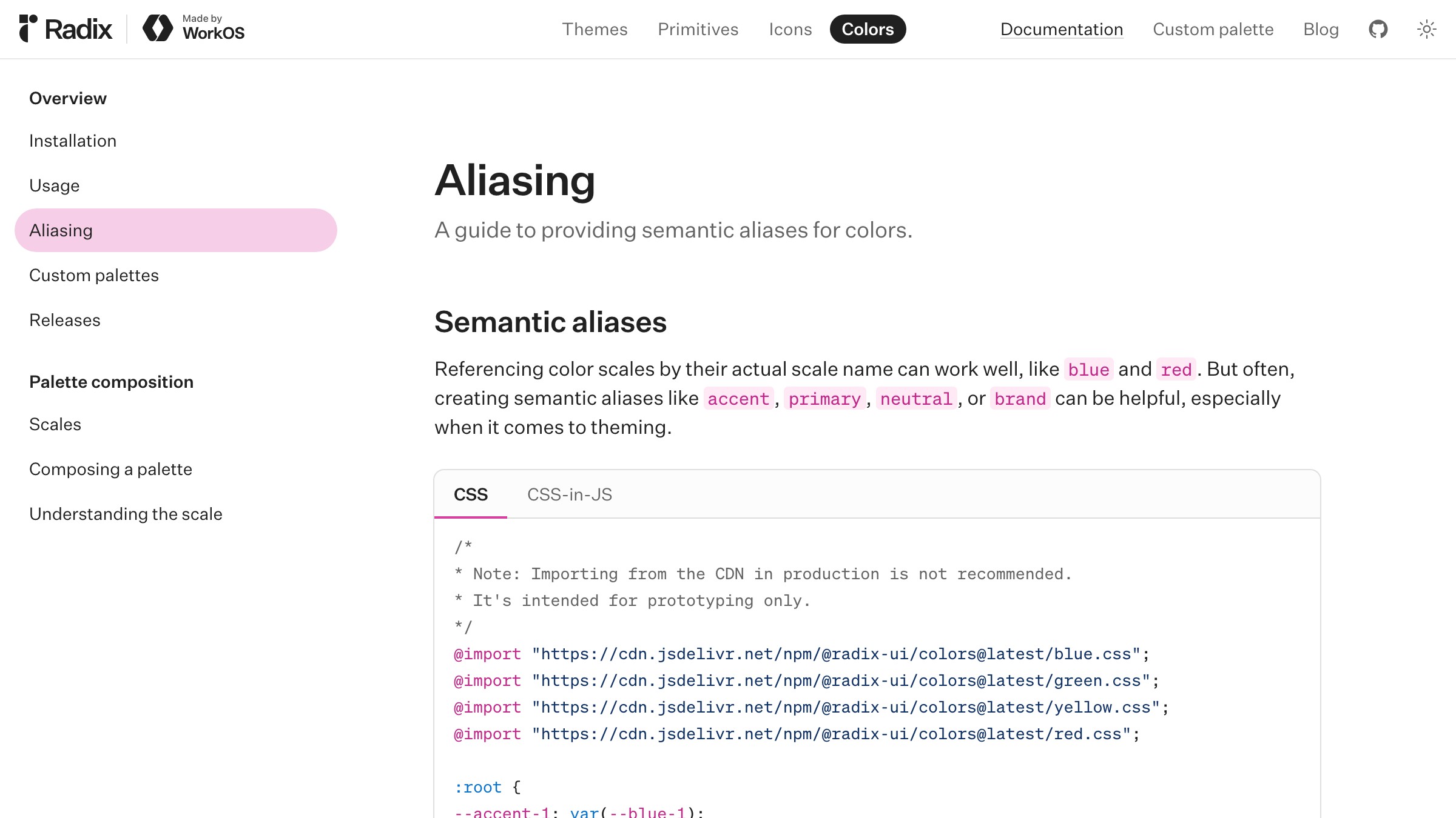 Radix Colors aliasing documentation showing how 12-step scales map to accessibility-preserving role tokens for text, backgrounds, and UI elements
