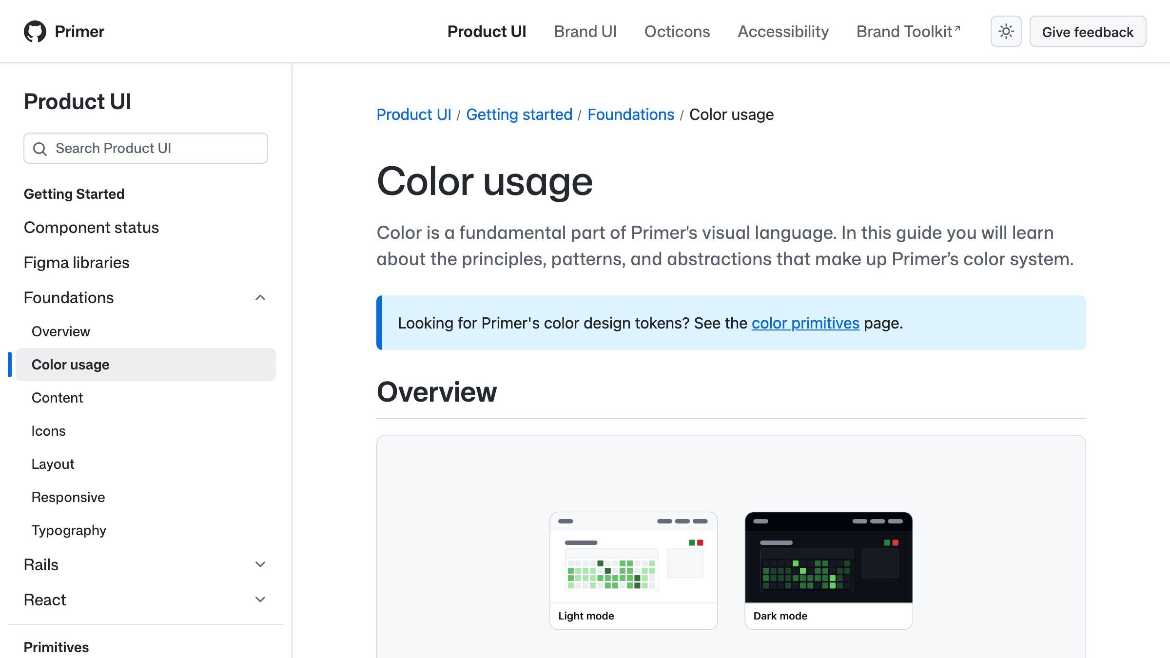 GitHub Primer color system overview showing the layered design tokens and the accessibility guidance built into the palette structure