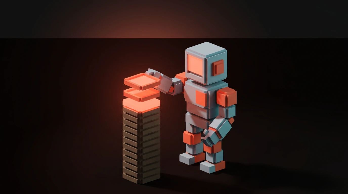 A voxel robot stacks glowing orange tiles onto a growing tower, a stand-in for tokens piling up into the real bill an AI agent racks up per action.