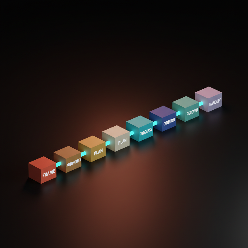 Voxel diagram of seven small heavy blocks arranged in a horizontal row on the studio floor, each block a different muted color, with single-word labels reading FRAME AUTONOMY PLAN PROGRESS CONFIRM RECOVER HANDOFF