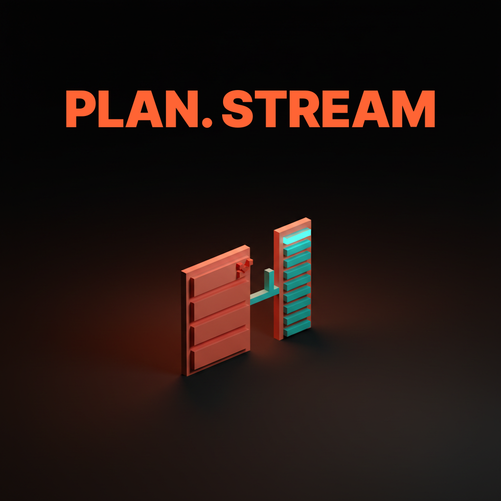 Voxel composition of two stacked surfaces side by side on the studio floor, the left a vertical stack of plan-step tiles with a checkbox glyph and the right a tall column streaming horizontal progress bars descending like a live log