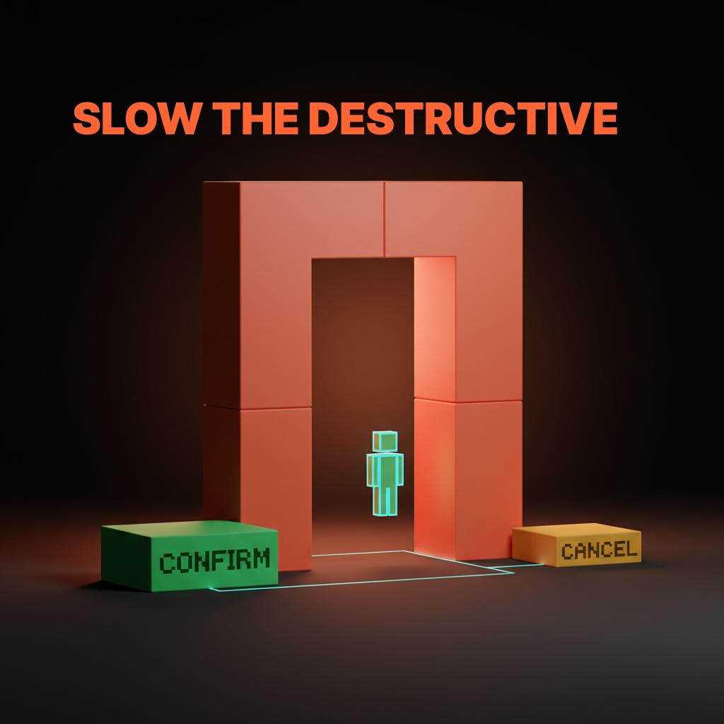 Voxel composition of a heavy coral archway gate on the studio floor with two voxel buttons at its base, a green CONFIRM cube and a smaller amber CANCEL cube, with a small agent glyph paused on the far side of the gate