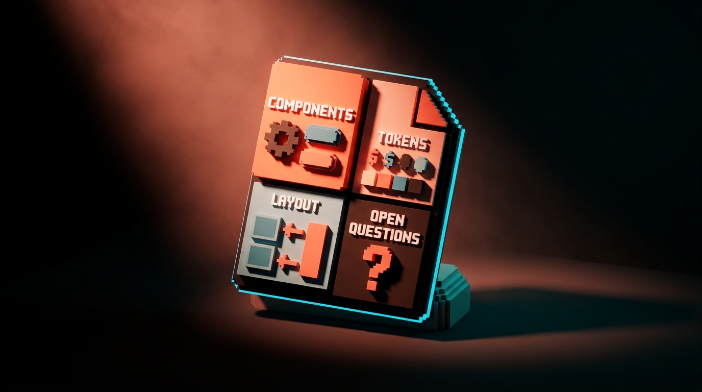 A clean handoff document mockup split into four labeled sections (components, tokens, layout, open questions), editorial composition