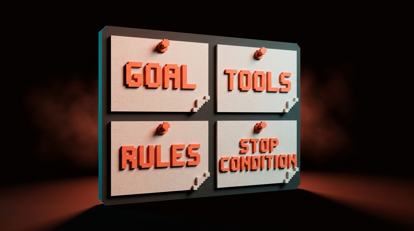 A one-page agent brief template showing the four sections (goal, tools, rules, stop condition) as a designer's sticky-note layout, editorial style