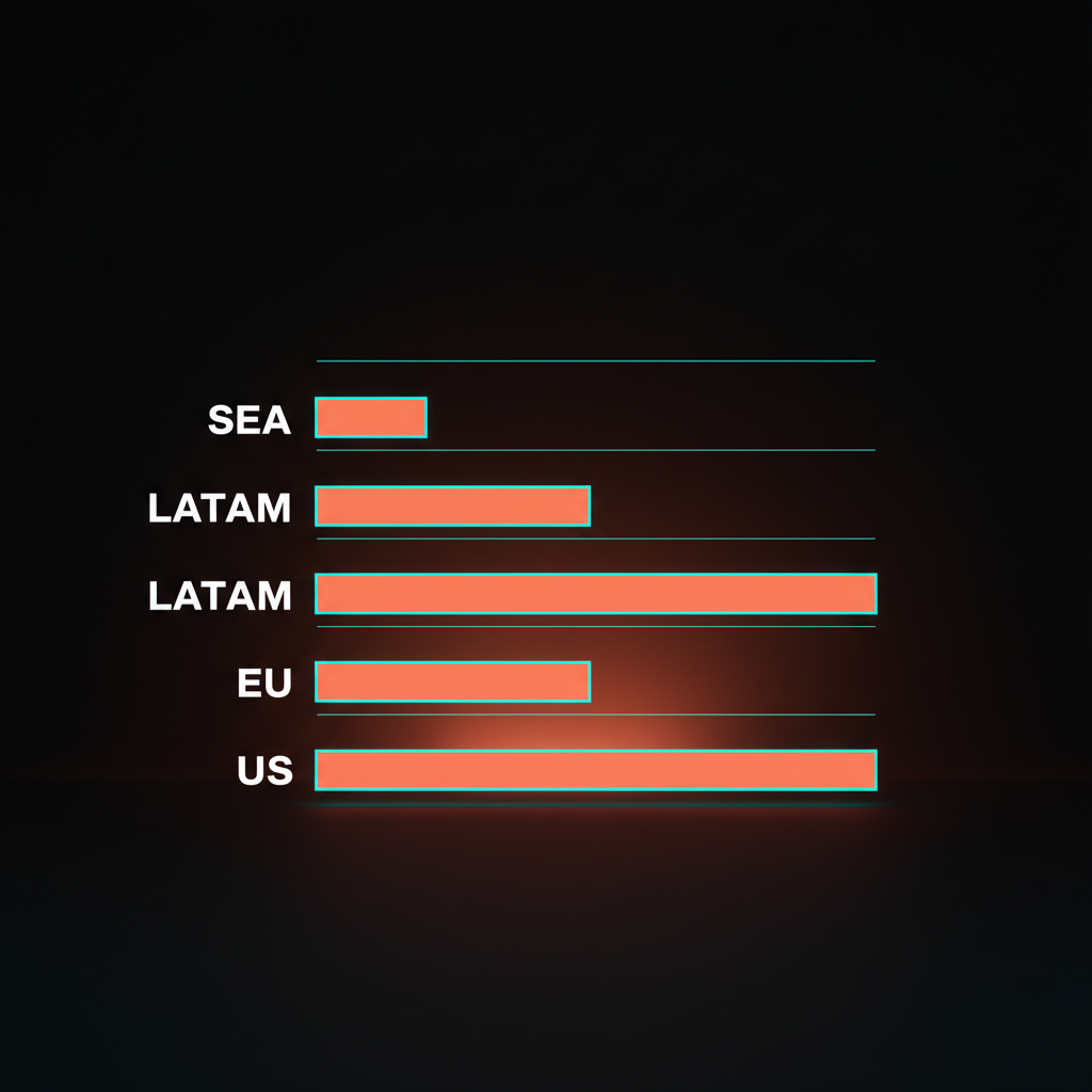 Voxel horizontal bar chart of four ascending bars on the studio floor with single-word labels SEA LATAM EU US