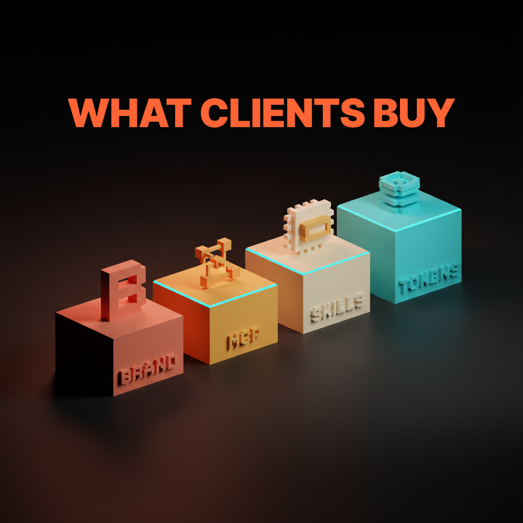 Voxel staircase of four ascending pedestals on the studio floor with single-word labels BRAND MCP SKILLS TOKENS