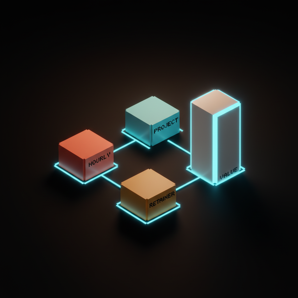 Voxel two-by-two grid of pedestals on the studio floor with single-word labels HOURLY PROJECT RETAINER VALUE