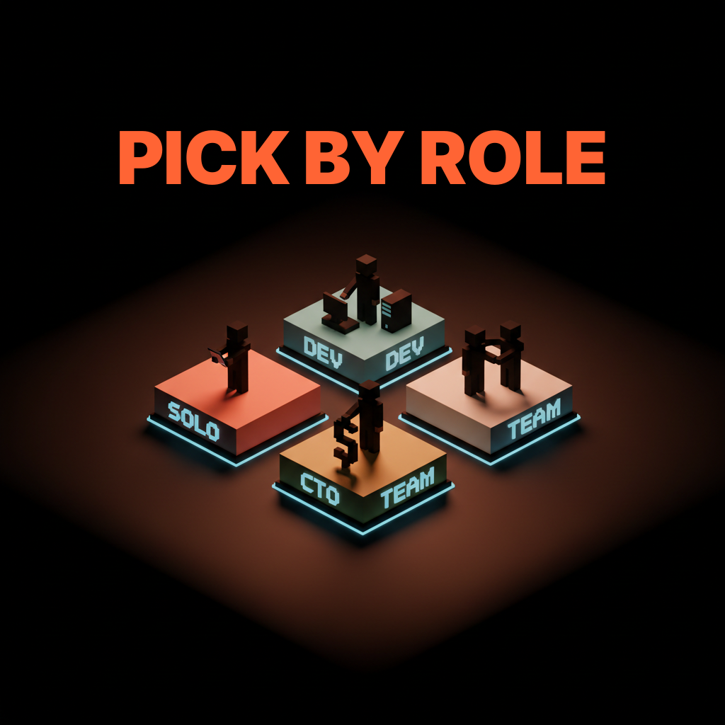 شبكة فوكسل ثنائية الأبعاد من قواعد على أرضية الاستوديو مع أشكال فوكسل صغيرة، وعلامات من كلمة واحدة SOLO DEV CTO TEAM