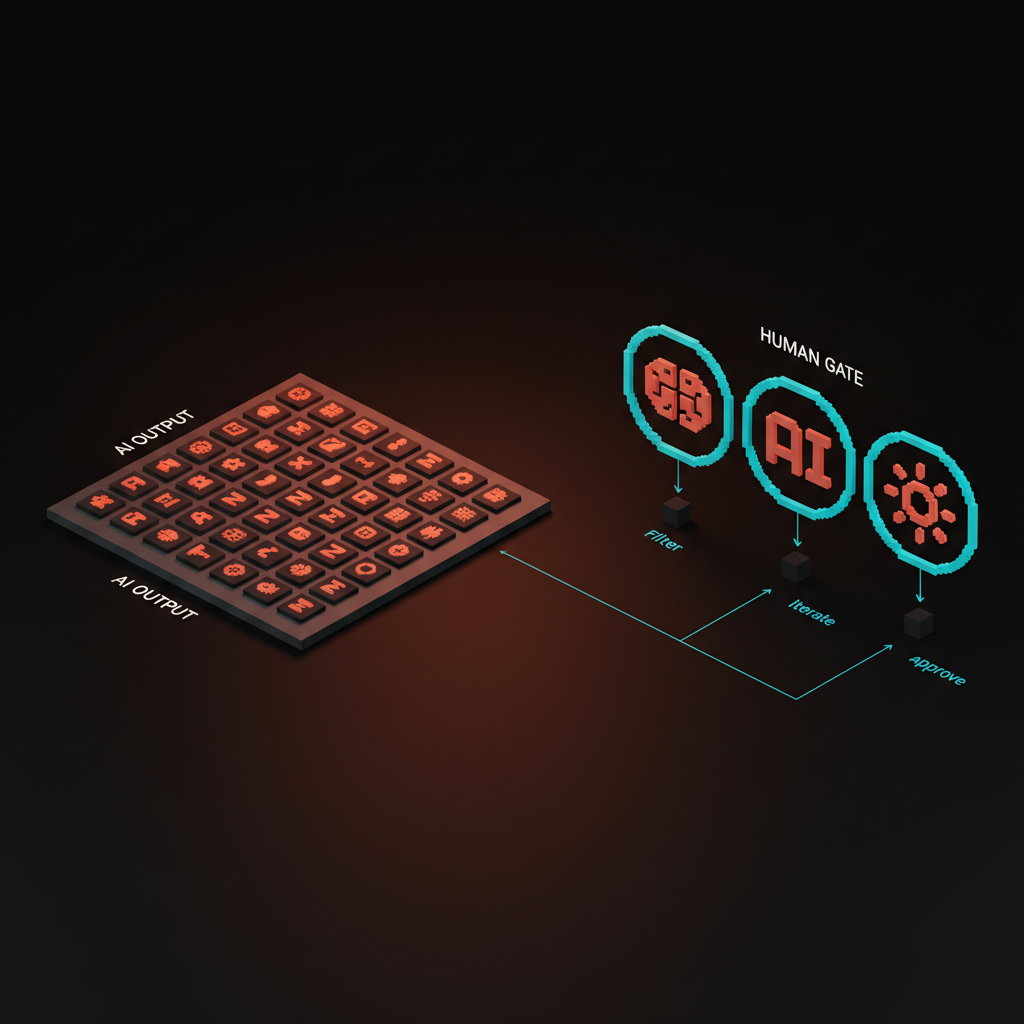 Voxel diagram. Left labeled AI output: a grid of 50 variants on a dark background. Right labeled human gate: three variants circled with annotations explaining why each survived