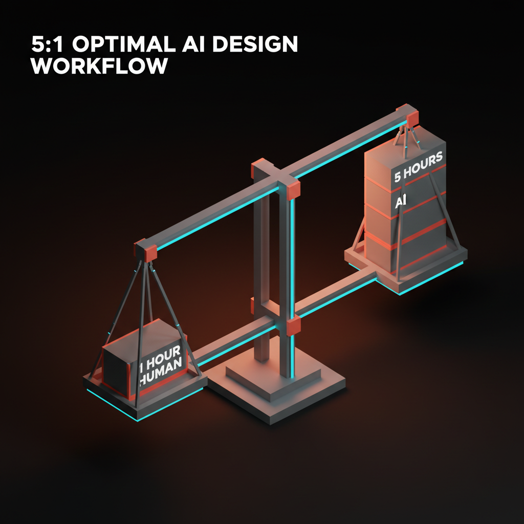 Voxel scale. On the left, a small block labeled 1 hour human. On the right, five blocks stacked labeled 5 hours AI. The scale balances. Arrow labeled 5:1 optimal