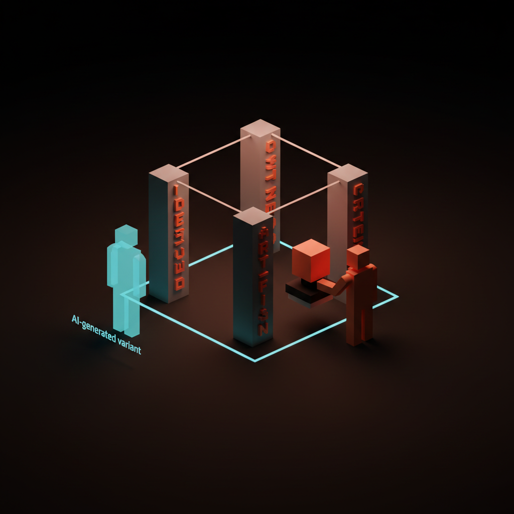 Voxel cross-section of a single review gate with four pillars labeled decision, owner, artifact, criterion, an AI variant approaching from the left and a human designer standing at the gate holding a stamp