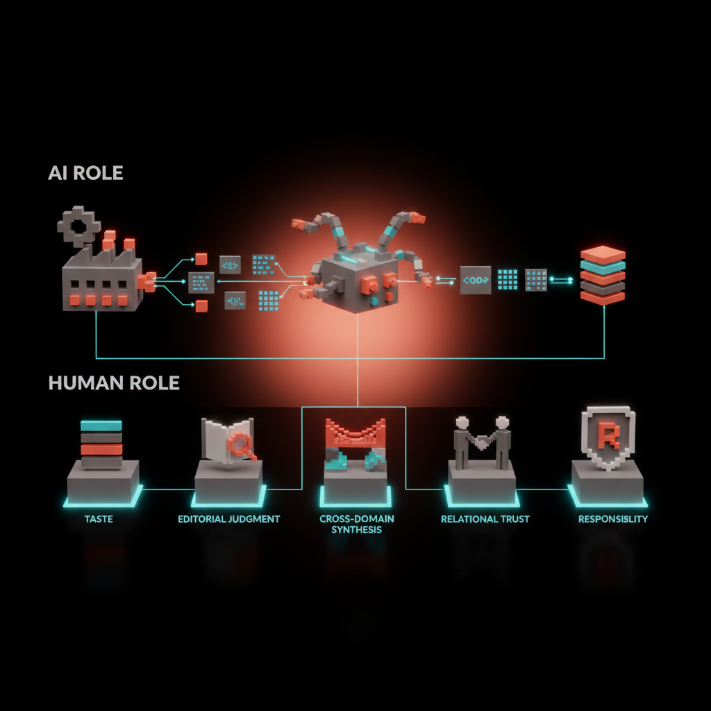 Voxel diagram split horizontally, top lane labeled AI role showing factory icons producing variants and code snippets, bottom lane labeled human role showing five pedestals for taste, editorial judgment, cross-domain synthesis, relational trust, responsibility