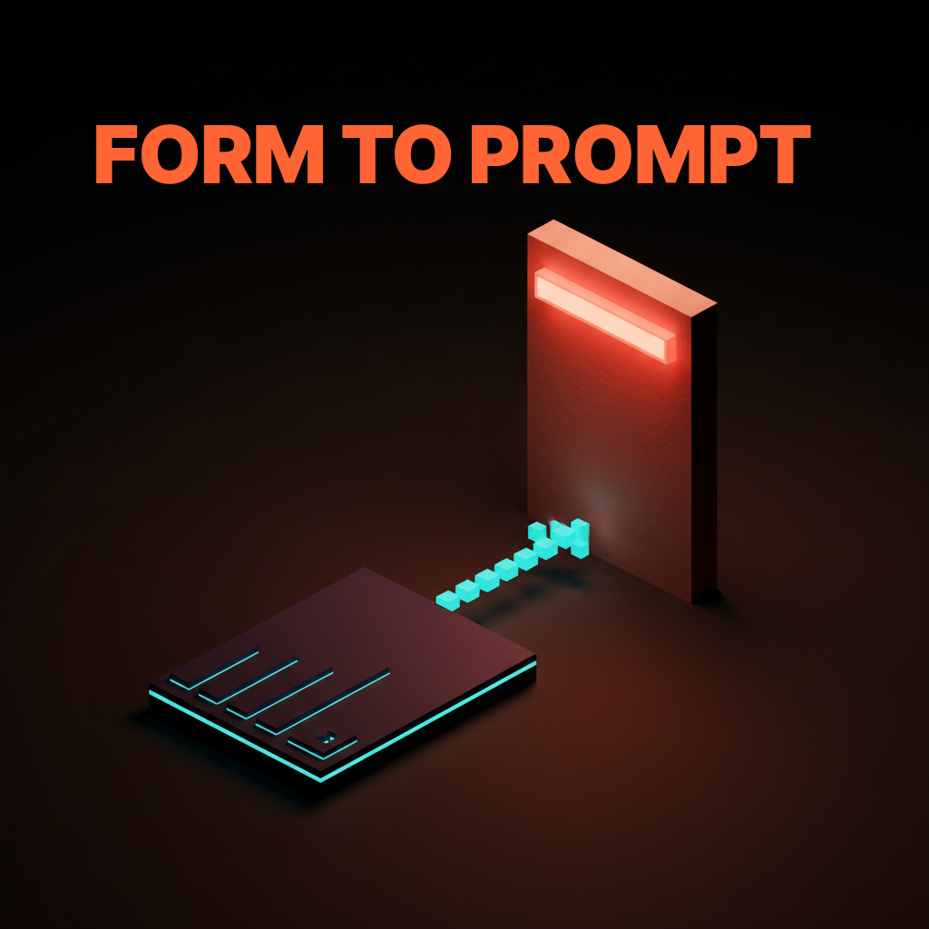 Voxel composition of two side-by-side surfaces on the studio floor, the left an indigo slab carved with a stack of empty form fields and a dropdown, the right a tall coral slab with a single wide input bar glowing softly