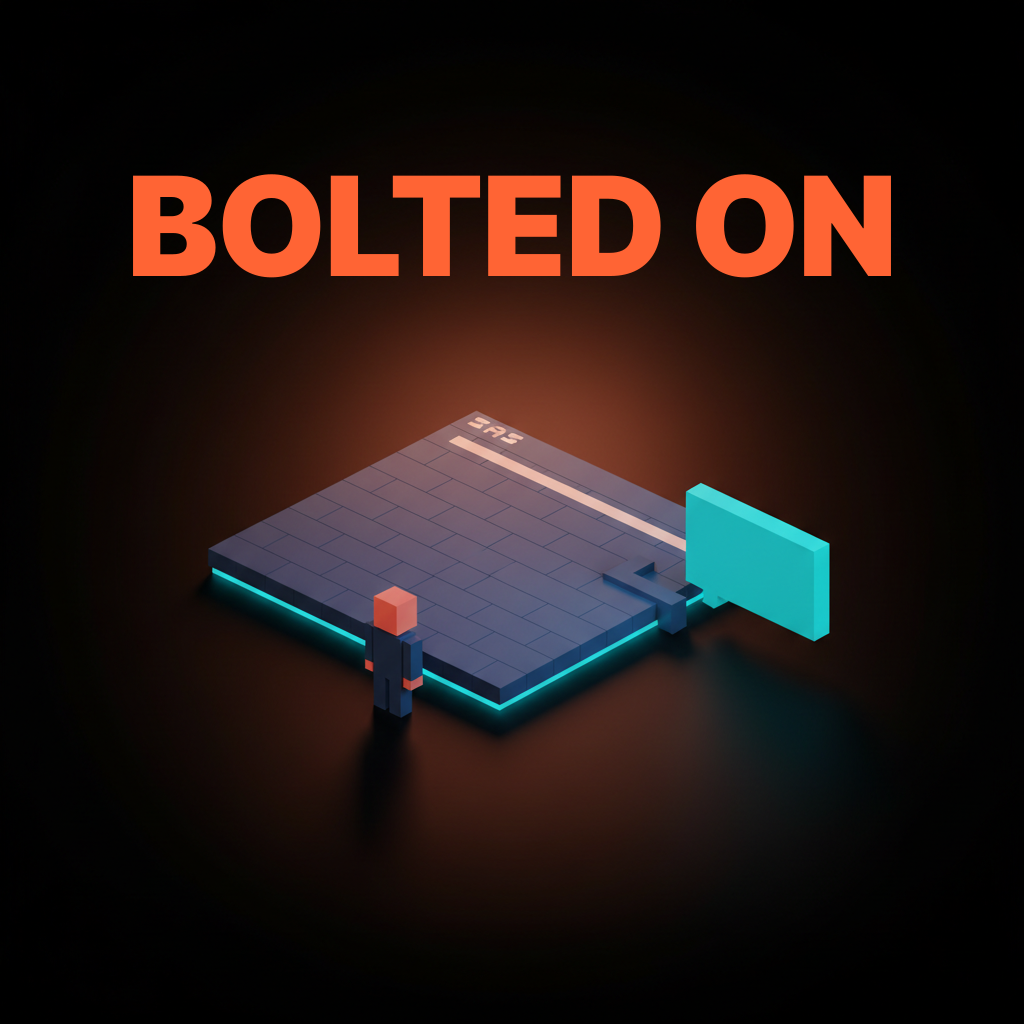 Voxel composition of a wide flat indigo SaaS dashboard building on the studio floor with a smaller awkward bright cyan chat panel attached to its right edge as a clearly separate appendage sitting slightly off-axis