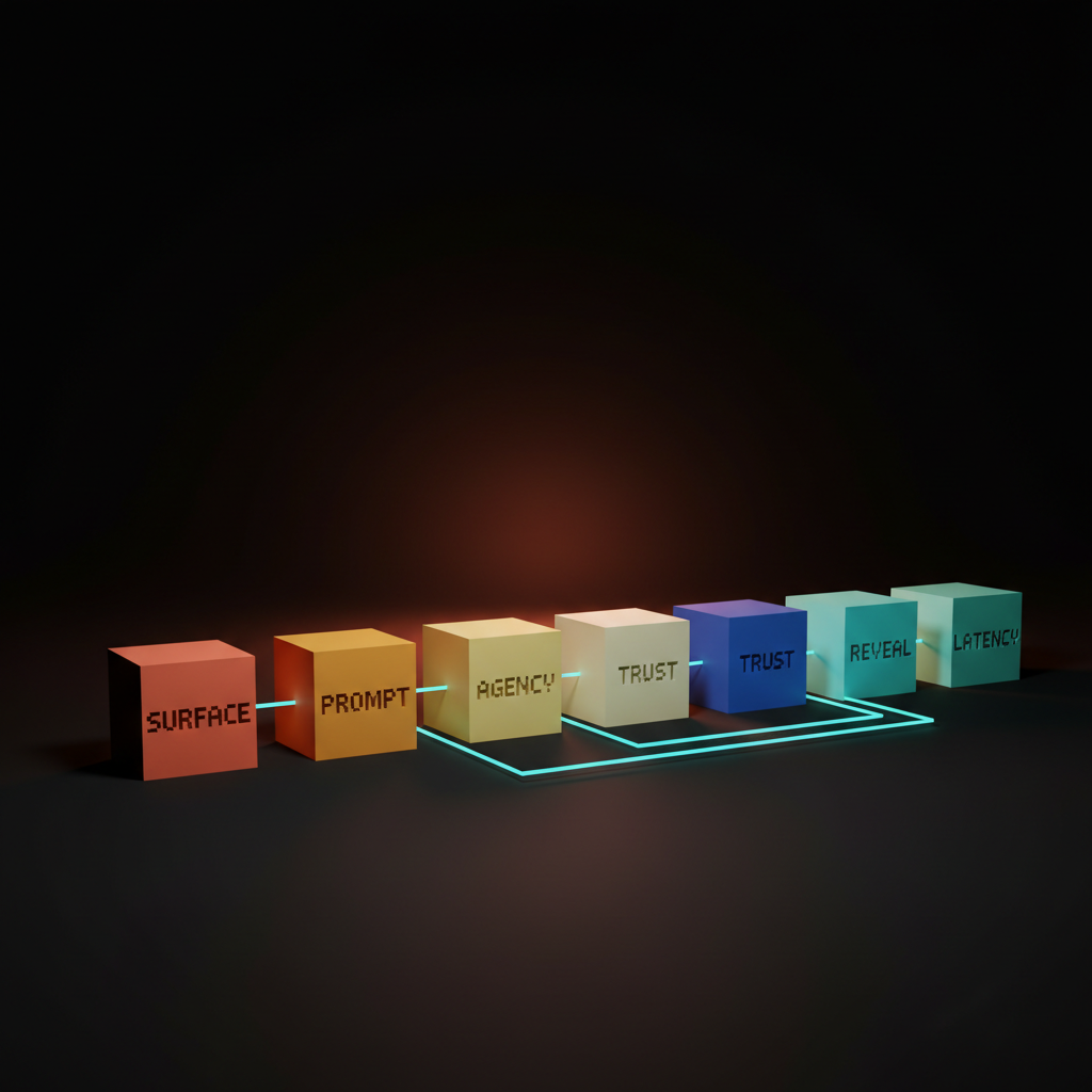 Voxel diagram of six small heavy blocks arranged in a horizontal row on the studio floor, each block a different muted color and a slightly different size and weight, with single-word labels reading SURFACE PROMPT AGENCY TRUST REVEAL LATENCY
