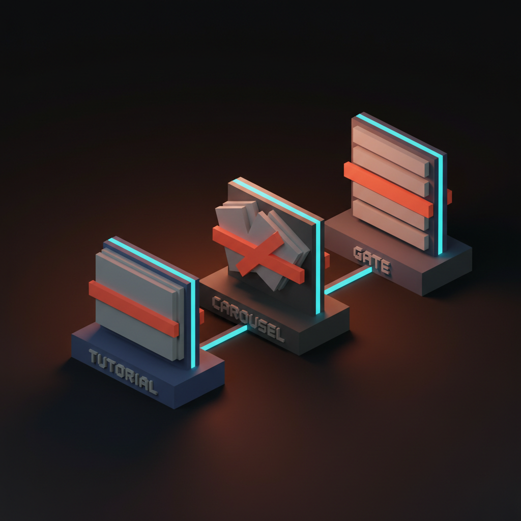 Voxel composition of three voxel pedestals carrying failing patterns, the left a tutorial card stack with a coral rule struck across, center a modal carousel with the same rule, right a form gate of empty input bars with the same rule, single-word labels TUTORIAL, CAROUSEL, GATE
