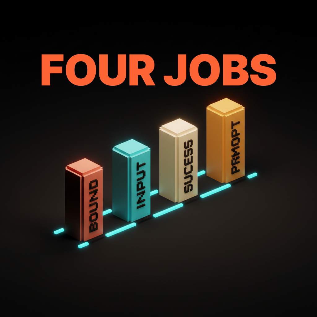 Voxel diagram of four small heavy voxel pillars in a horizontal row on the studio floor, each a different muted color separated by thin connecting voxel rules, single-word labels BOUND, INPUT, SUCCESS, PROMPT etched into each pillar