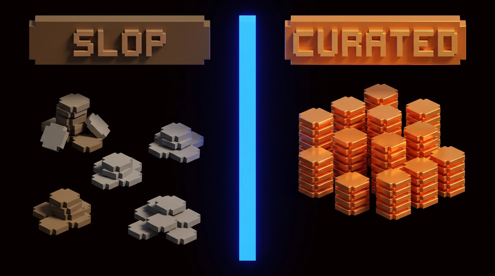 Voxel illustration contrasting raw AI-generated output with human-curated design work side by side.